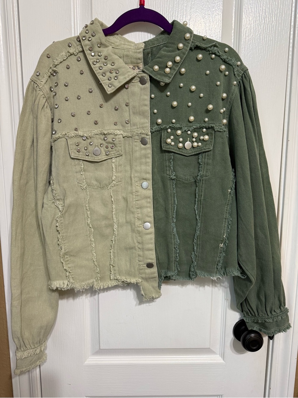 H207 POL L pp22 Two-Tone Olive & Sage Pearl-Studded Denim Jacket Top - Picture 2 of 10